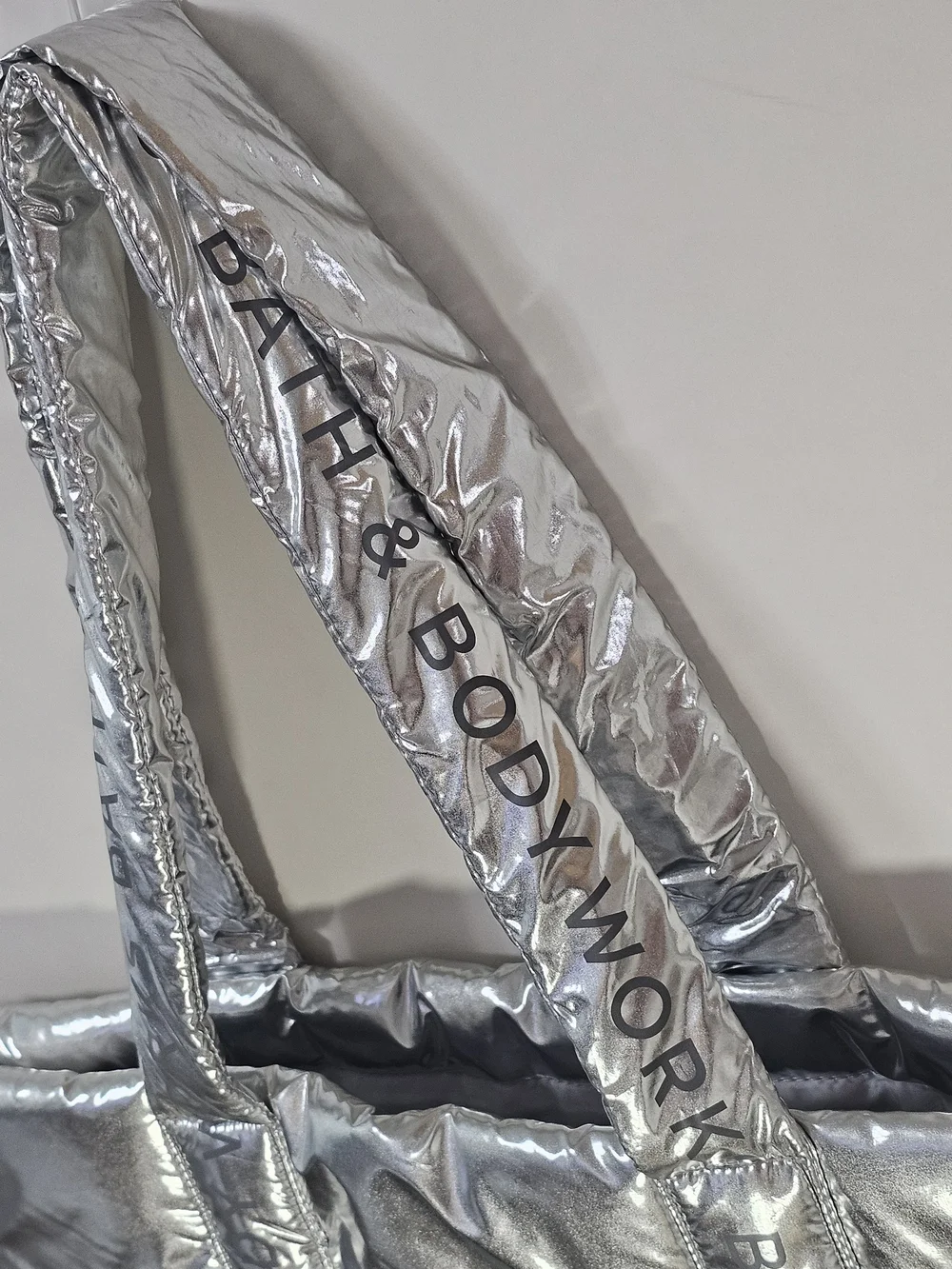 NWT Bath & Body Works Silver Metallic Puffer Tote Travel Gym Bag